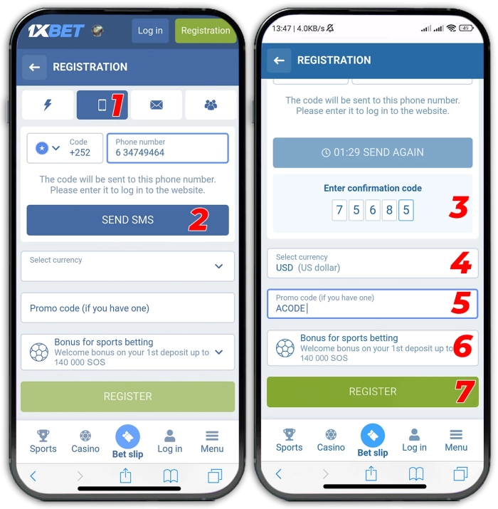 How to register 1xbet by phone number