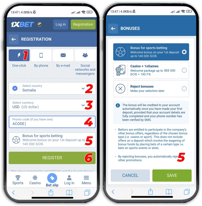 1xbet registration process in one click