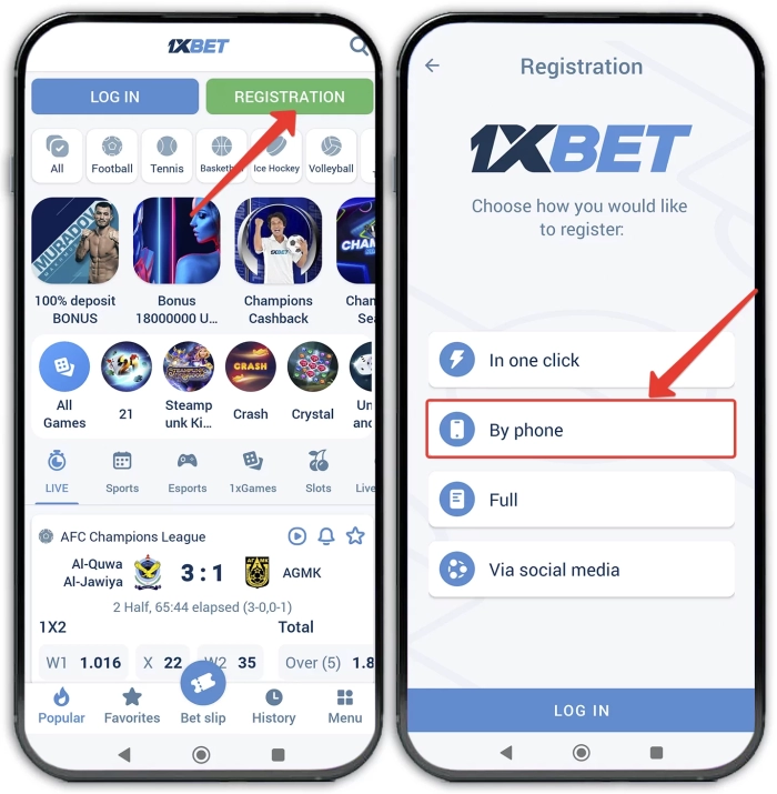 Start registration process in the 1xbet app